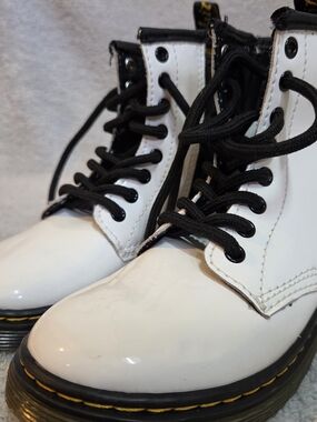 Dr. Martens White Patent Lace-Up Combat Boots with Black Laces